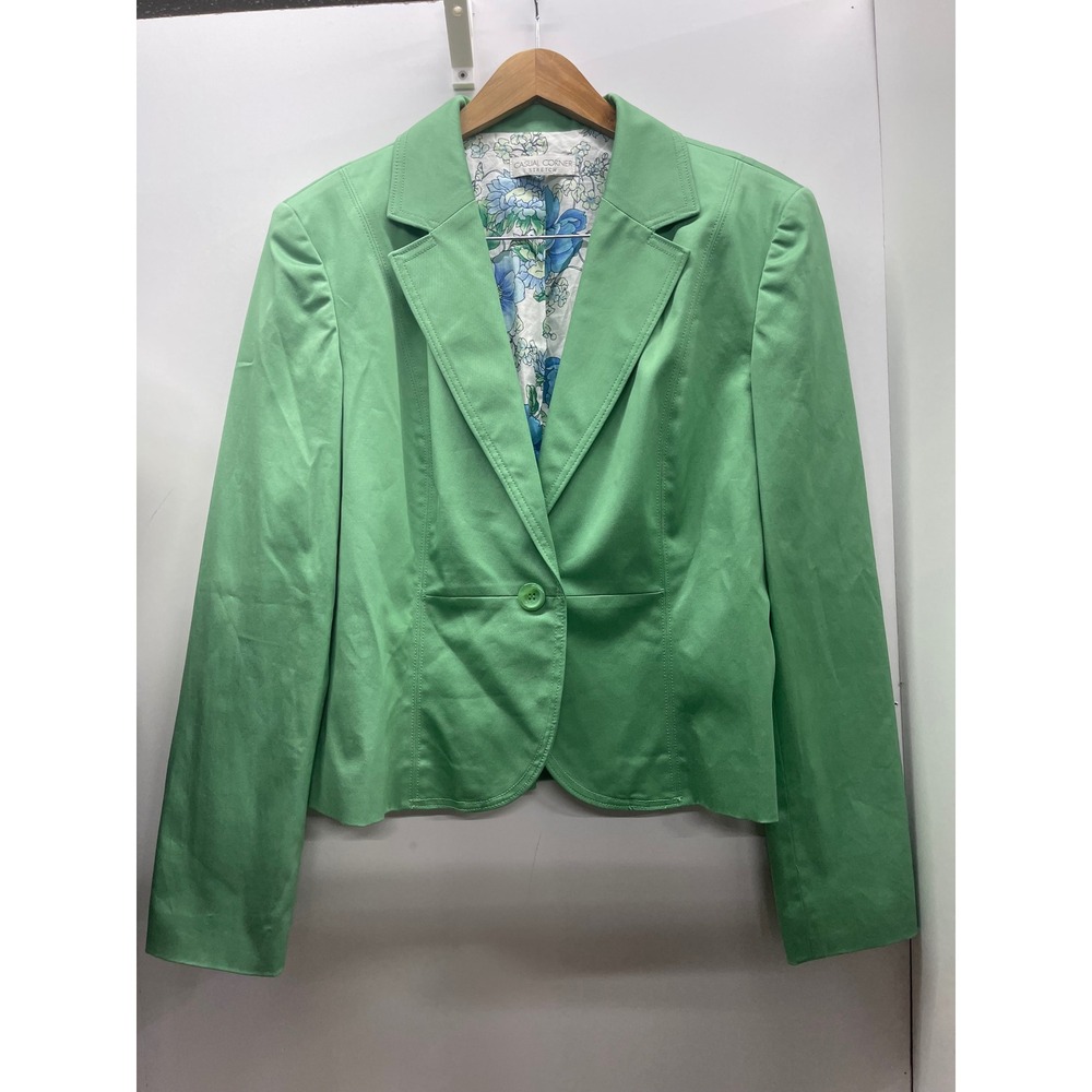 Casual Corner Stretch Green Floral Lined Single Button Blazer M VTG OO's